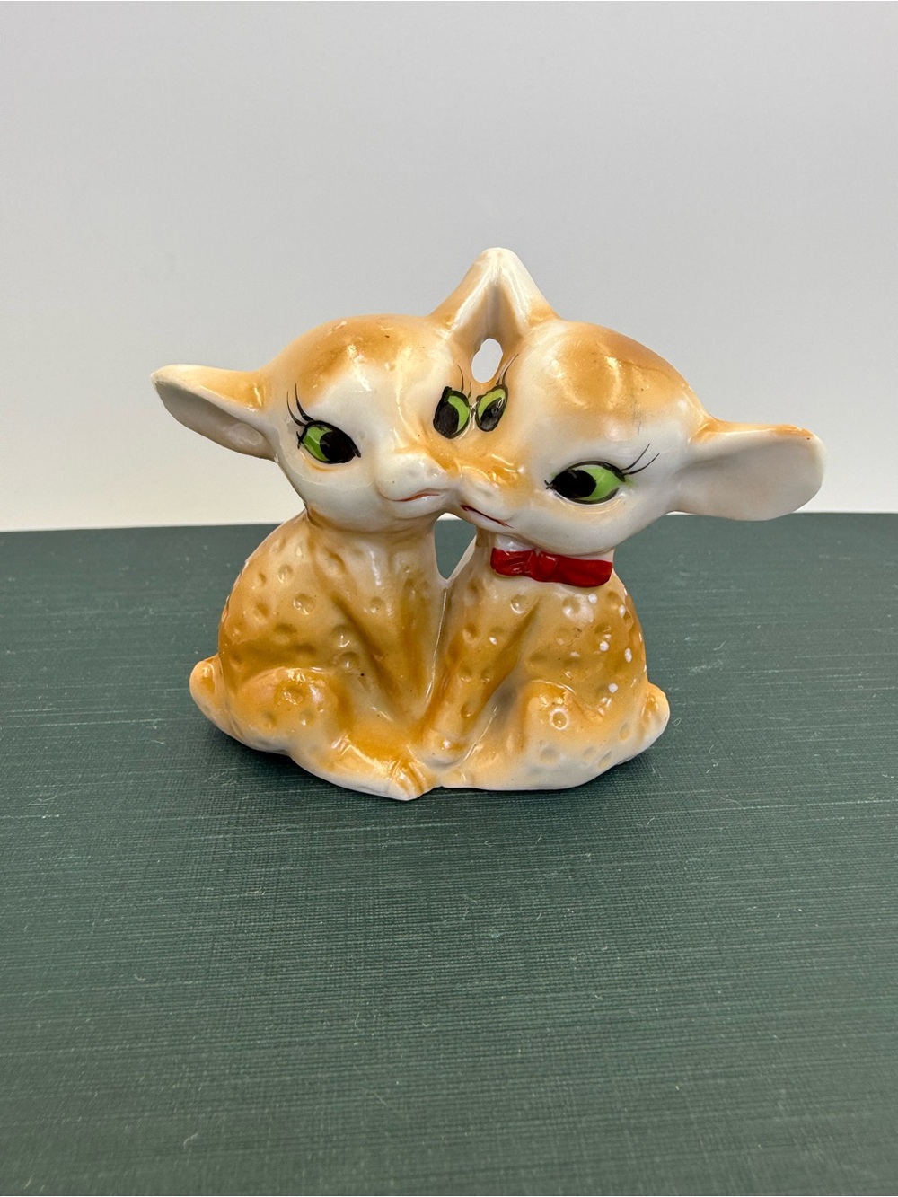 Vintage Ceramic Twin Fawn Figurine in Golden Tan with Red Bow Made In Japan